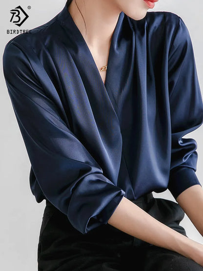 Spring Elegant Satin Lantern Sleeve V-Neck Navy Blouse