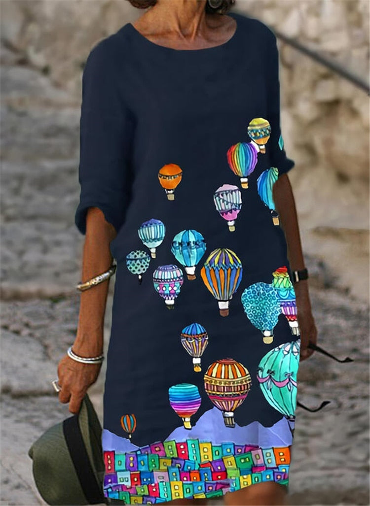Amy Fashion - Boho Print V-Neck Loose Beach Midi Dress