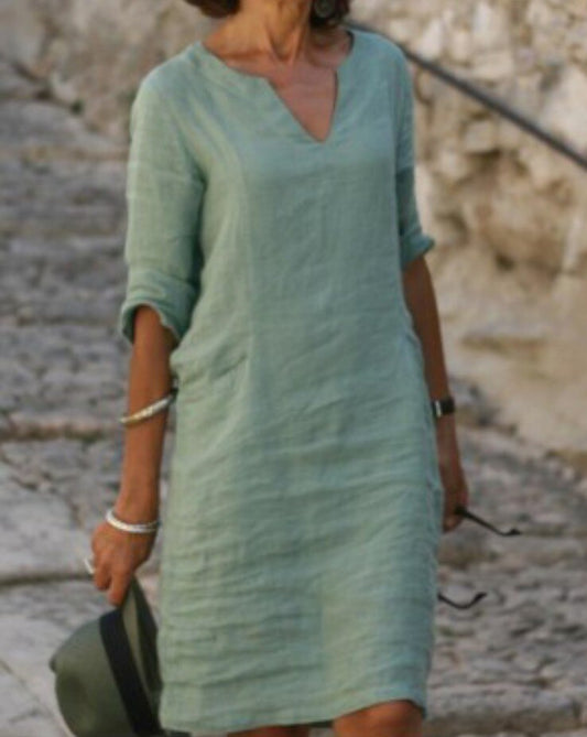 Amy Fashion - V Neck Solid Color Cotton Linen Half Sleeve Midi Dress