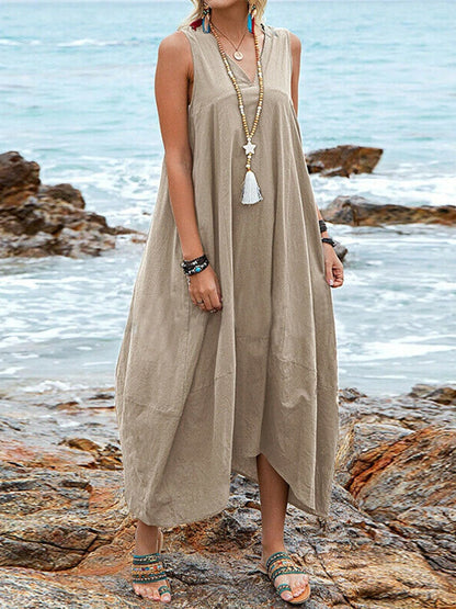 Amy Fashion - Casual Solid Sleeveless V-Neck Long Dress