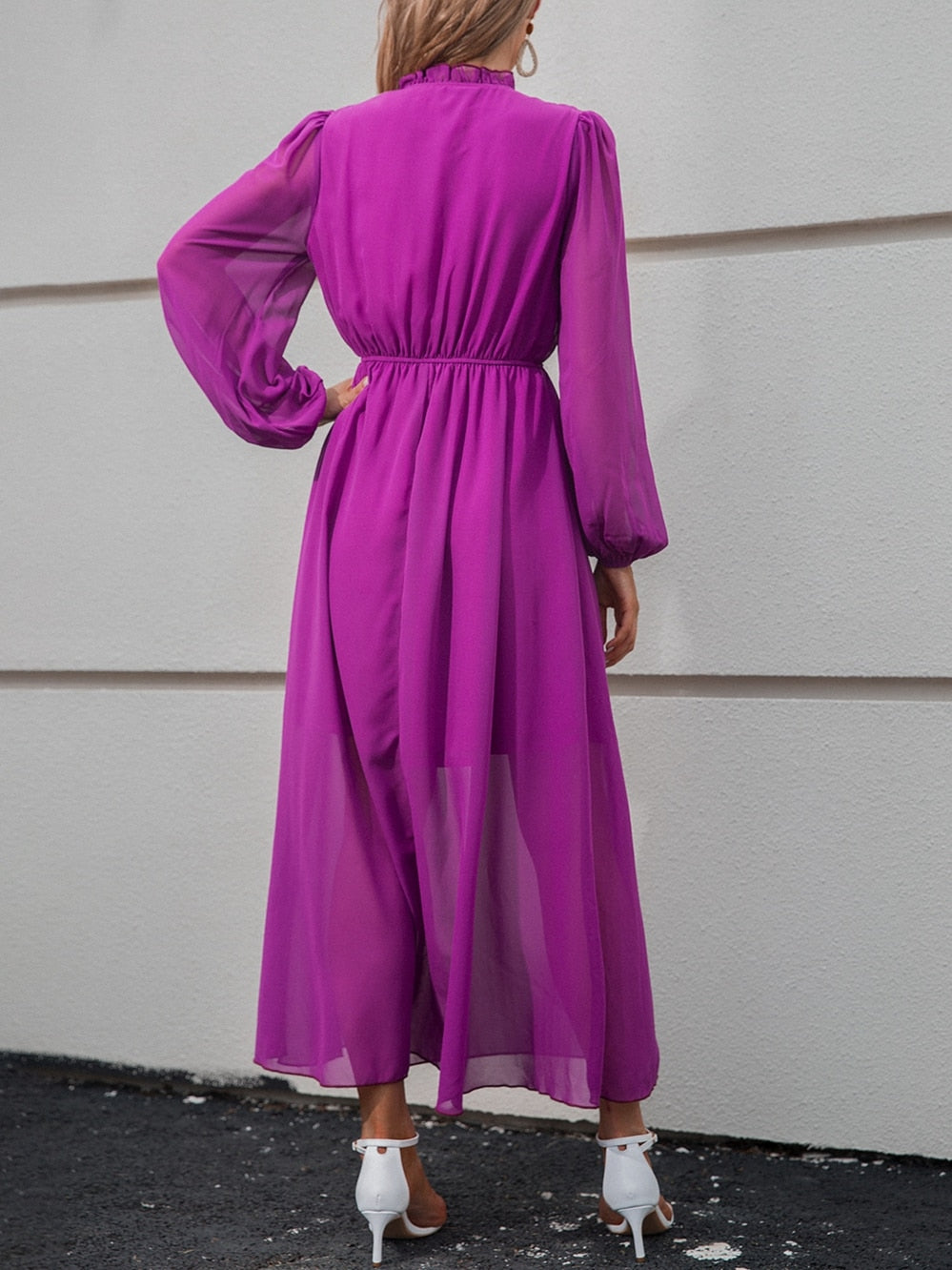 Amy Fashion - V Neck Solid Color Long Sleeve High Waist Purple Tie Dress