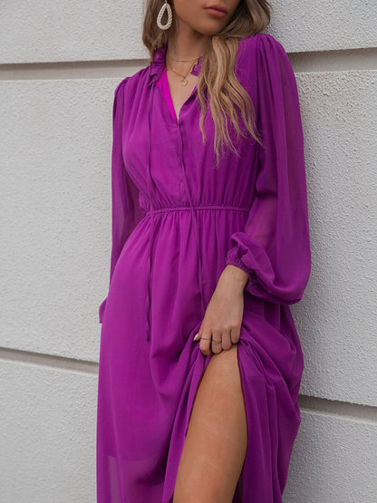 2024 V Neck Solid Color Long Sleeve High Waist Purple Tie Dress