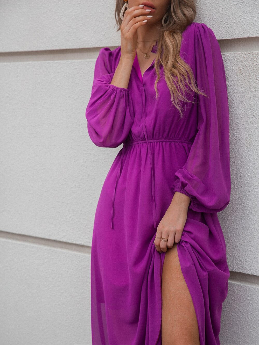 Amy Fashion - V Neck Solid Color Long Sleeve High Waist Purple Tie Dress