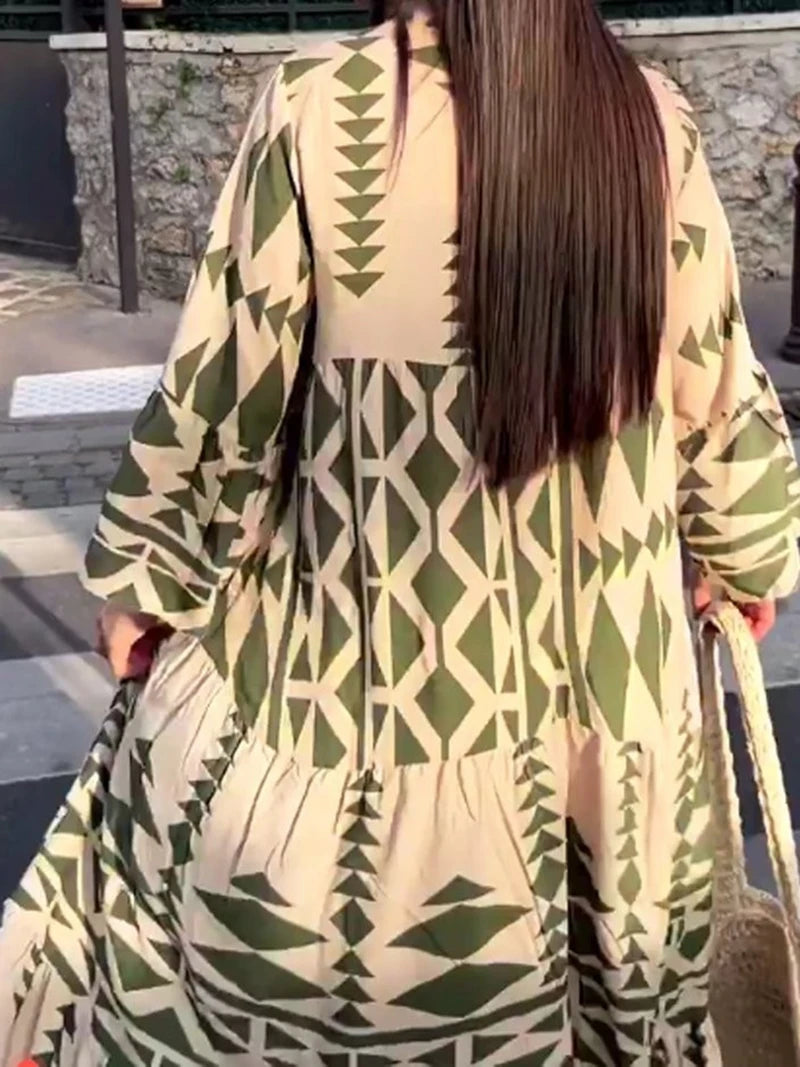 Amy Fashion - 2024 Elegant Geometric V-Neck Autumn Boho Dress