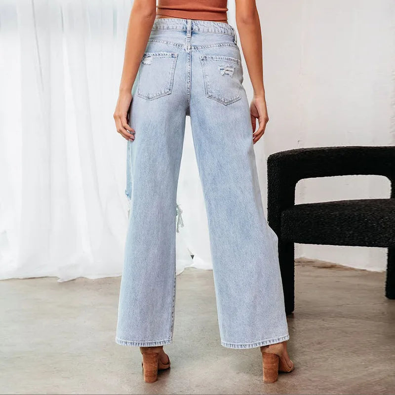 Amy Fashion - Fall High Waist Ripped New Blue Streetwear Casual Wide Leg Baggy Trendy Fashionable Denim Jean