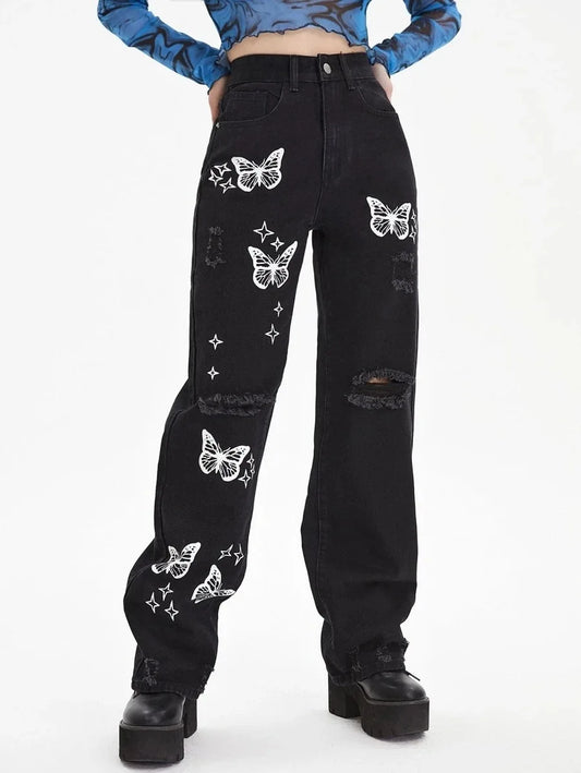 Amy Fashion - New Butterfly Print Ripped High Waist Loose Straight Cotton Streetwear Jean