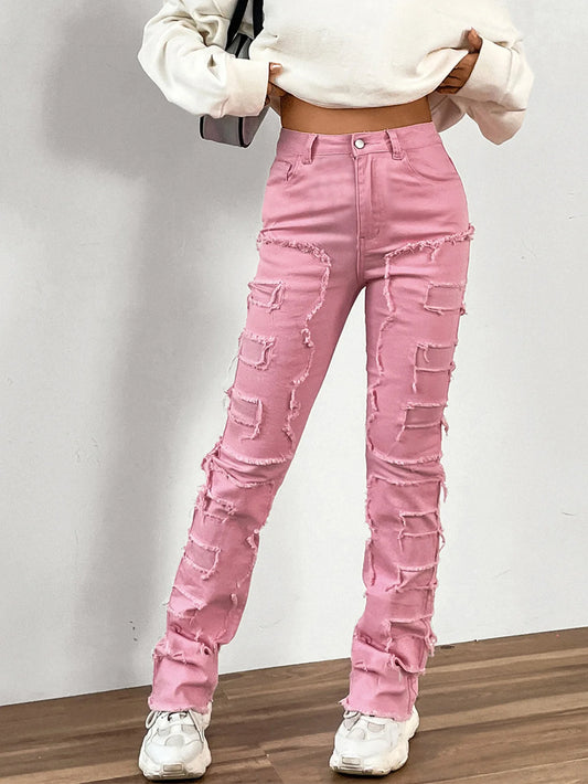 Amy Fashion - 2024 New European and American Streetwise Stretch Patch for Women High Street Straight Fit Long Women's Jean