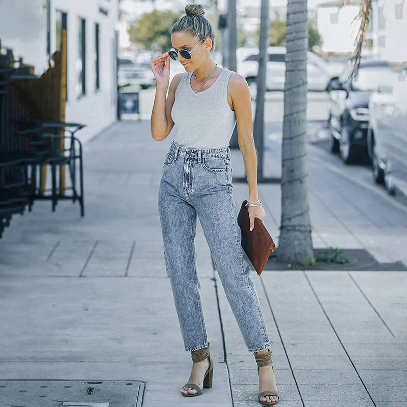 Amy Fashion - Slim Fit High-Waist Vintage Streetwear Casual Blue Denim Jean