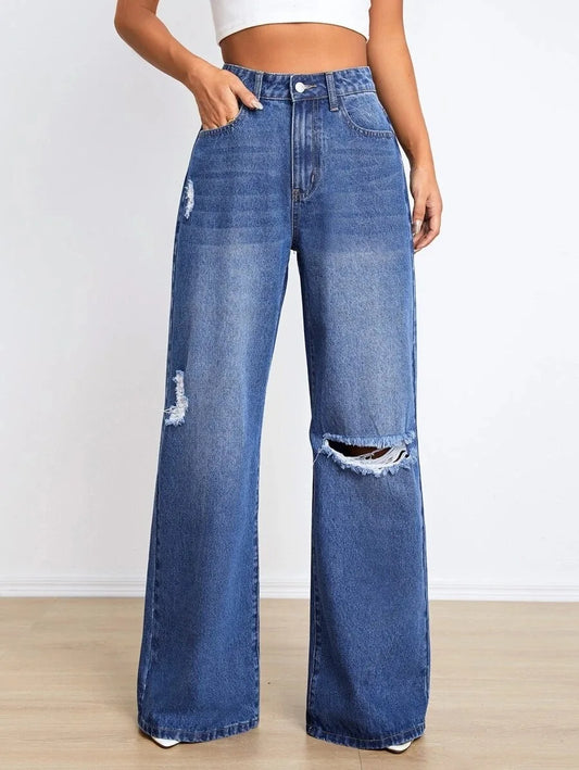 Amy Fashion - New Loose Ripped Fashion High Waist Wide Leg Casual Y2K Jean