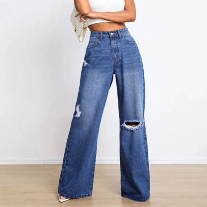 Amy Fashion - New Loose Ripped Fashion High Waist Wide Leg Casual Y2K Jean