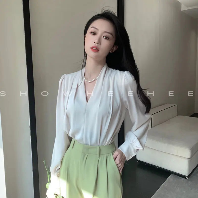 Temperament Pleated Solid Color V-neck Femme Fashion Buttons Blouse