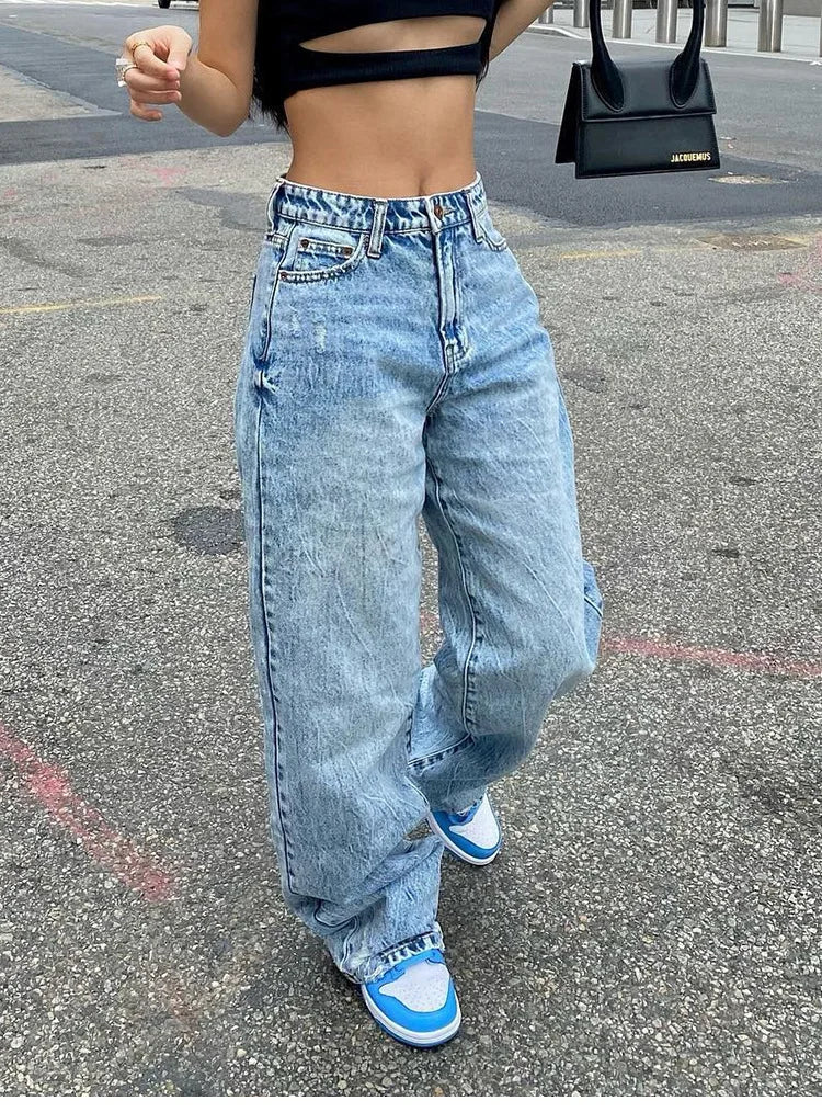 New Loose Wide Leg Street Casual Y2K Fashion Denim Women’s Blue/Off White Jean