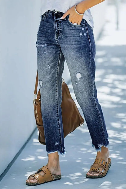 Amy Fashion - Trendy Casual Blue High Waist Streetwear Ripped Fashion Denim Jean