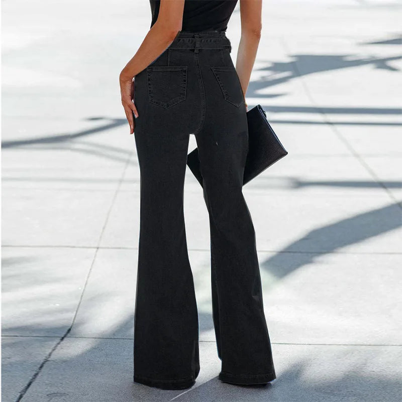 Amy Fashion - Wide Leg Flare Full Length Slim Skinny High Waist Vintage Fashionable Denim Jean