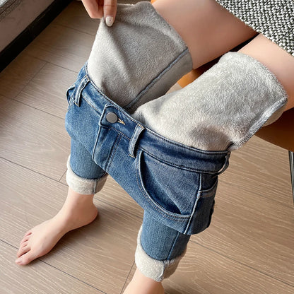 Amy Fashion - Winter Warm Plush Stretch Thermal Fleece Retro Thicken High Waist Jean