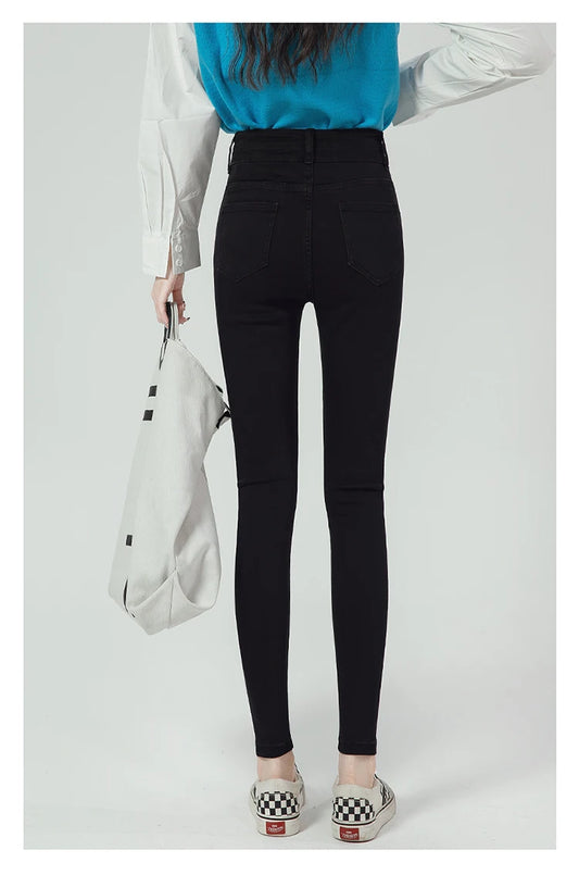Amy Fashion - 2024 Winter Warm Stretch Women High Waist Skinny Retro Thick Pencil Pants Slim Stretch Denim Trousers Jean