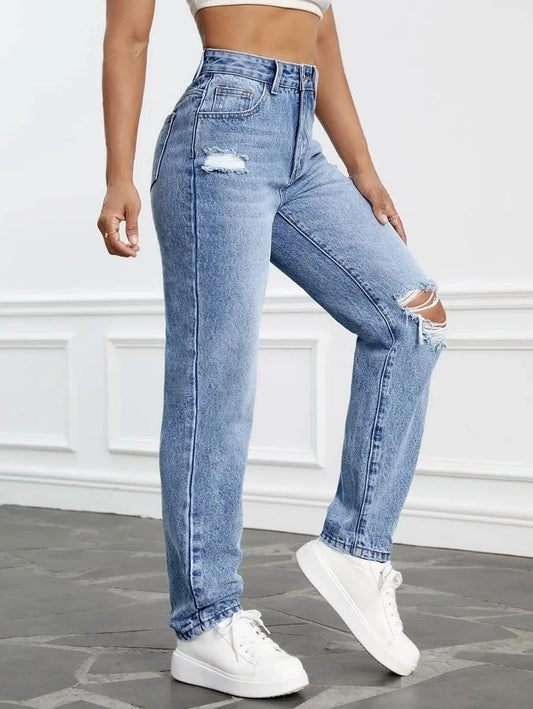 Amy Fashion - 2024 Women Casual Fashion High Streetwear Ripped Holes Denim Pants Female Vintage Trousers Jean