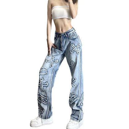 Amy Fashion - 2024 Women Letter Patch Wide Leg Blue High Waist Personality Baggy Streetwear Y2K Fashion Cotton Denim Jean