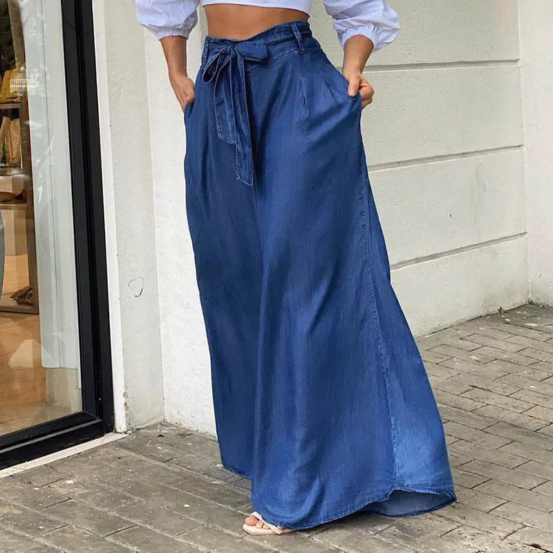 Amy Fashion - 2024 Women Long High Waist Fashion Belted Casual Loose Solid Streetwear Skirt Jean