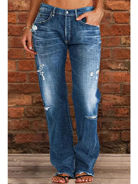 Amy Fashion - Vintage Middle-Waist Ripped Straight Blue Wide-Leg Denim Jean