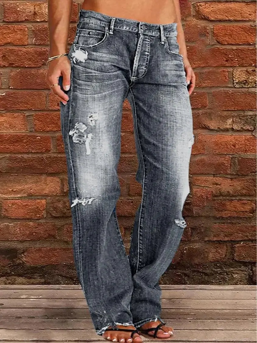 Amy Fashion - Vintage Middle-Waist Ripped Straight Blue Wide-Leg Denim Jean