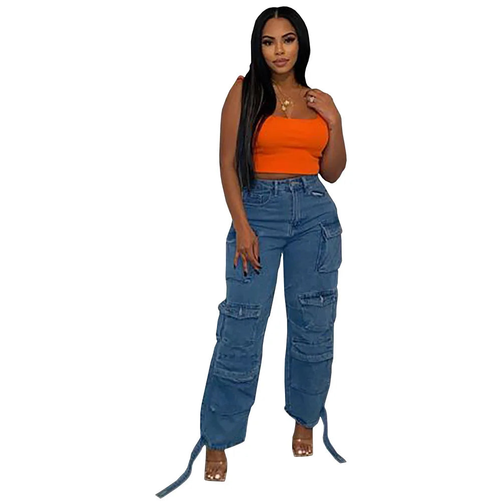 Amy Fashion - 2024 Straight Denim Streetwear Fashion Pocket Front Lace Hem Cargo Wide Leg Jean