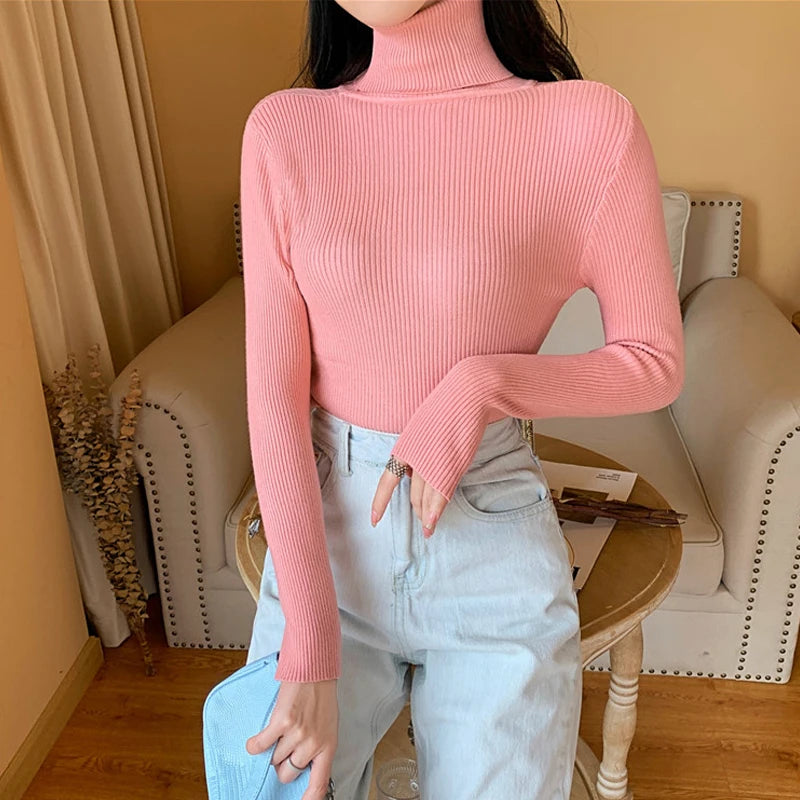 2024 Autumn Winter Women Long Sleeve Knitted Foldover Ribbed Pull Soft Warm Sweater