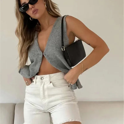 Deep V Sexy Summer New Sleeveless Knitted Simple Street Crop Top