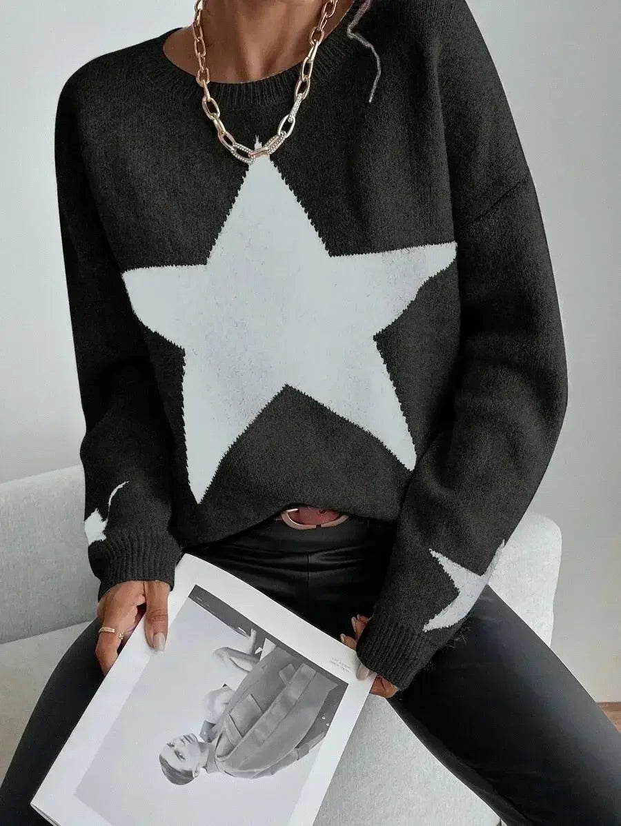 Knitted Loose Casual O-neck Star Thick Elegant Winter Sweater