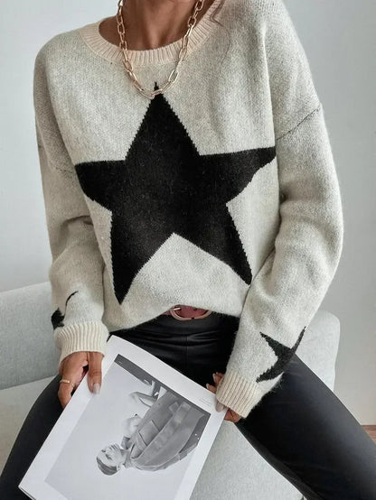 Knitted Loose Casual O-neck Star Thick Elegant Winter Sweater