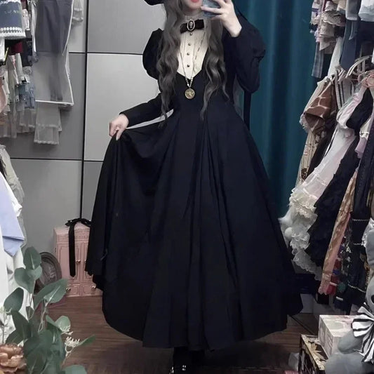 Bubble Punk Black Lolita Dress Gothic Harajuku Long Cinched Vintage Autumn Winter Dark Sleeve Waist New