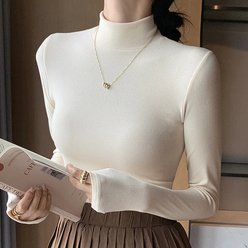 2024 New Knitted Half-Pullovers Women Bottom Shirts Jumper Elegant Korean Sweater