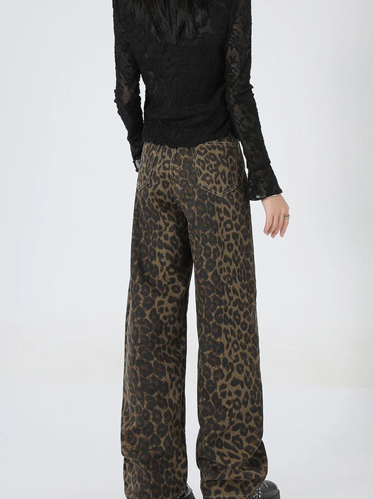 Amy Fashion - 2024 New Leopard Print Wide Leg Women High Waisted Fashion Streetwear Retro Y2K Denim Baggy Casual Straight Jean