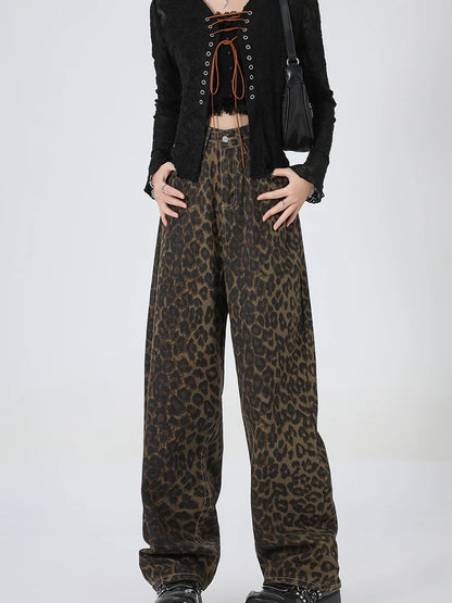 Amy Fashion - 2024 New Leopard Print Wide Leg Women High Waisted Fashion Streetwear Retro Y2K Denim Baggy Casual Straight Jean