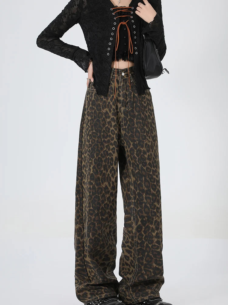 Amy Fashion - 2024 New Leopard Print Wide Leg Women High Waisted Fashion Streetwear Retro Y2K Denim Baggy Casual Straight Jean