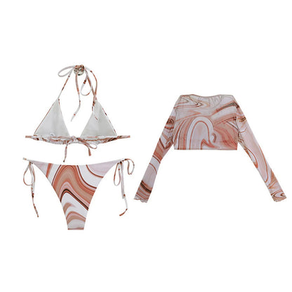 Amy Fashion - Fashionable Long-Sleeved Pattern Swimsuit Sexy Bikini Sets
