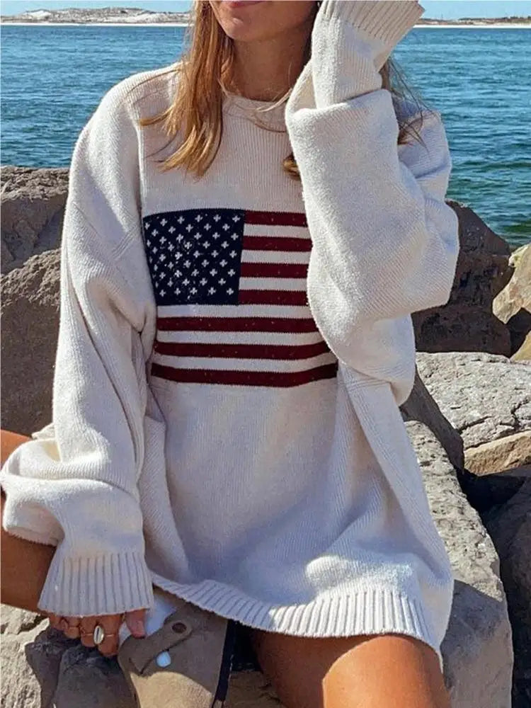 New Flag Pattern Vintage Loose Warm Long Sleeve Round Harajuku Sweater