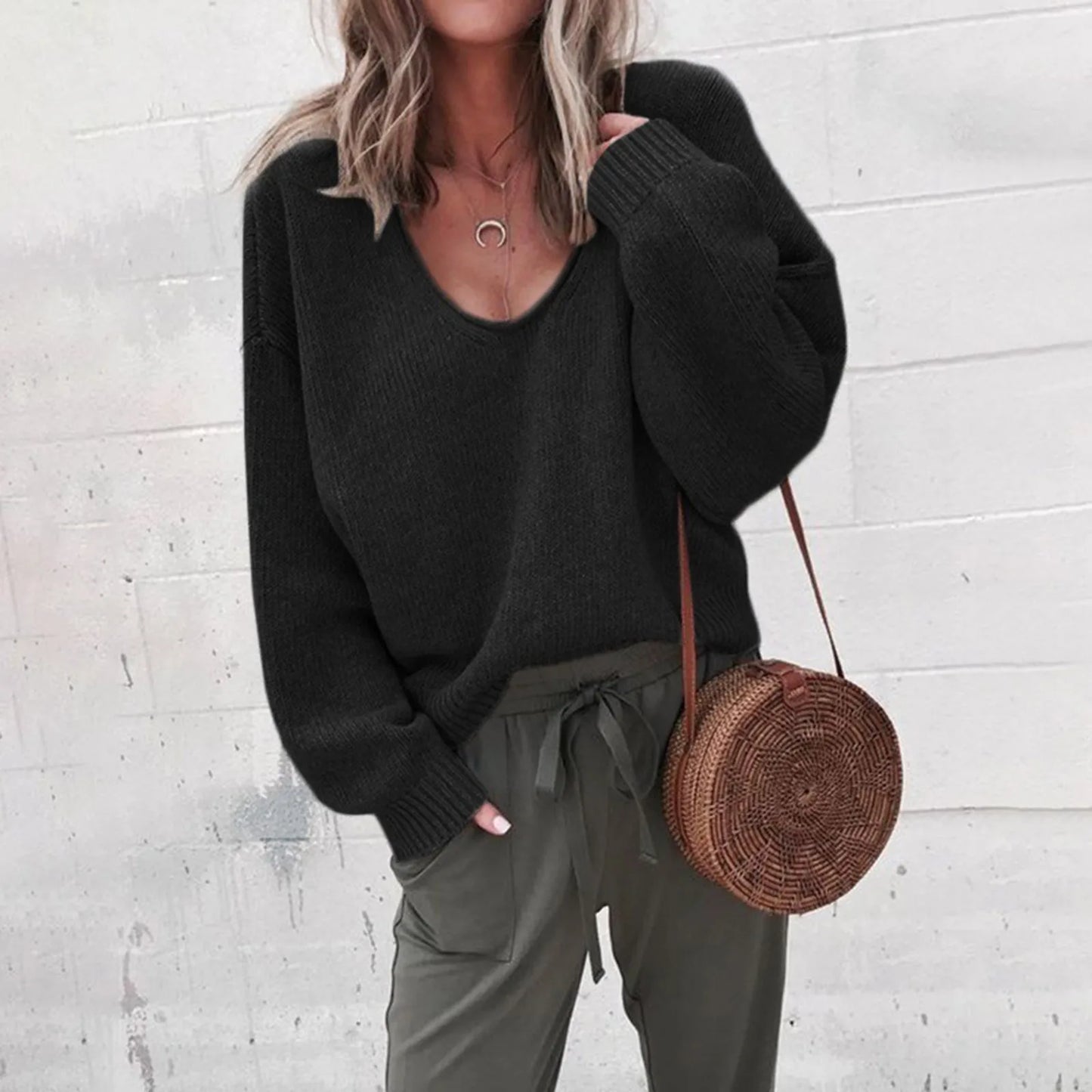 Spring Knitting Black V-neck Long Sleeve Casual Loose Elegant Sweater