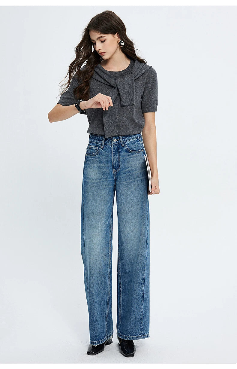 Amy Fashion - 2024 Spring New High-waisted Loose Slimming Wide-leg Denim Versatile Floor-length Jean