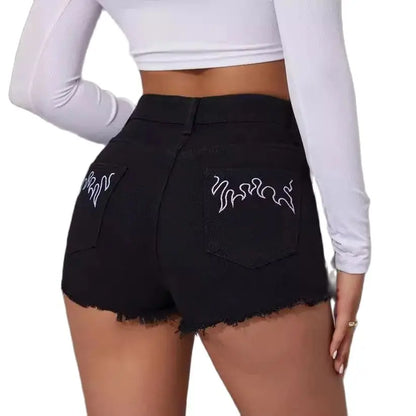 Summer New Black Mid-Waist Embroidered Fashion Sexy Skinny Short