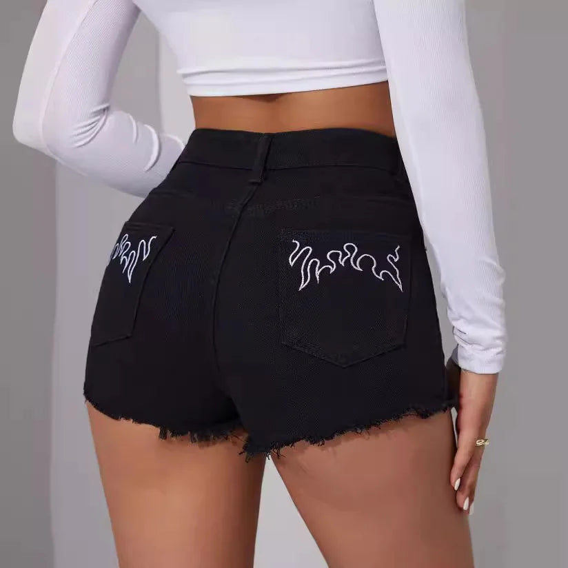 Summer New Black Mid-Waist Embroidered Fashion Sexy Skinny Short