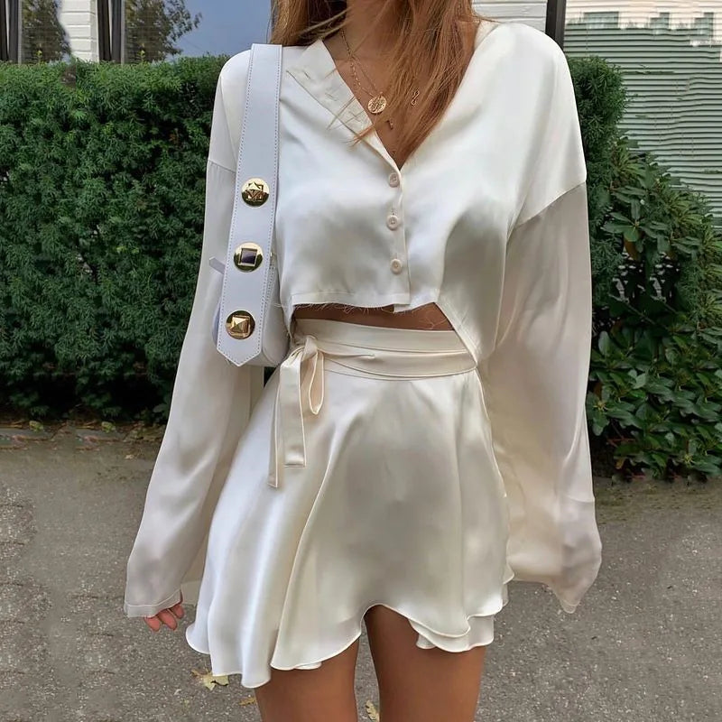 Elegant Satin Two Piece Set Lantern Long Sleeves Crop Tops Cardigan High Waist Mini Skirt