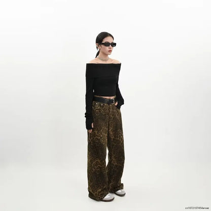 Leopard Print Retro Straight Tube Baggy Fashion Y2K New Winter Jeans