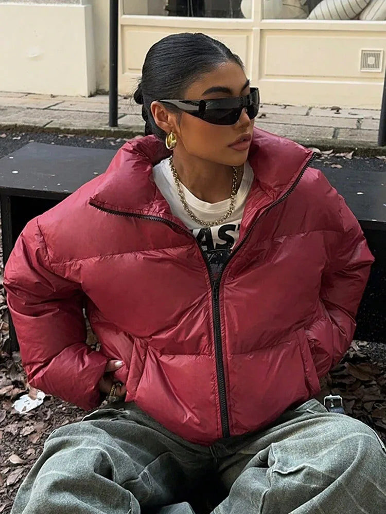 Solid Front Zipper Cotton Coat Coats-241208