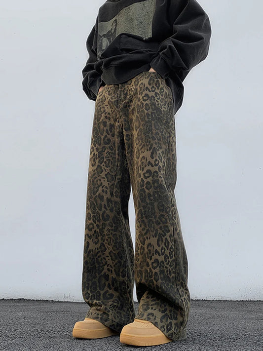 Amy Fashion - 2024 Y2K Leopard Print Wide Leg Women High Waisted Fashion Streetwear Retro Denim Baggy Casual Straight Jean