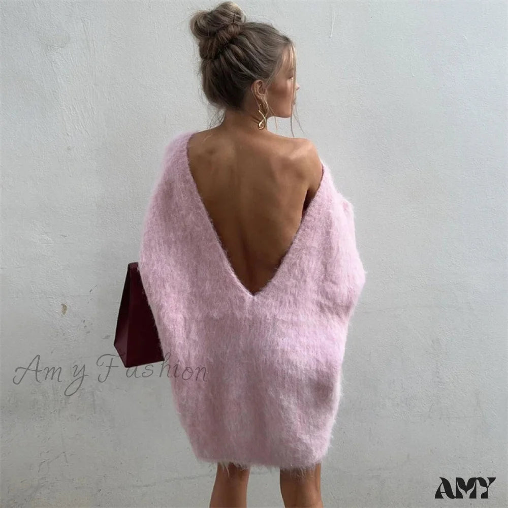 2024 Autumn Long Sleeve Sexy Big Backless Knitted Dress Women Fashion Solid Loose Stylish Sweater