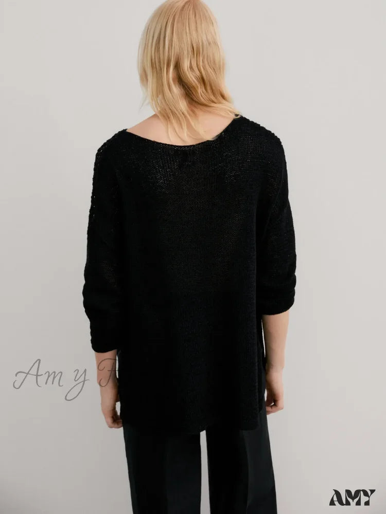 2024 Autumn New Style Loose Version Hollow-Out Design Solid Color Long-Sleeved Stylish Sweater