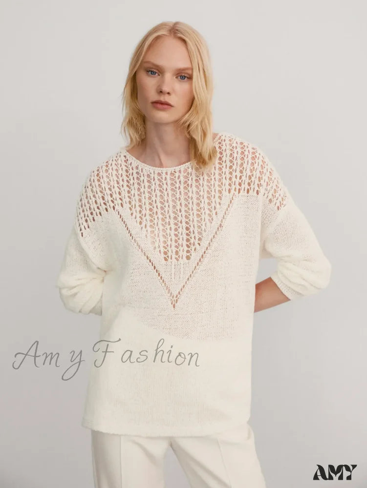 2024 Autumn New Style Loose Version Hollow-Out Design Solid Color Long-Sleeved Stylish Sweater