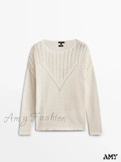 2024 Autumn New Style Loose Version Hollow-Out Design Solid Color Long-Sleeved Stylish Sweater