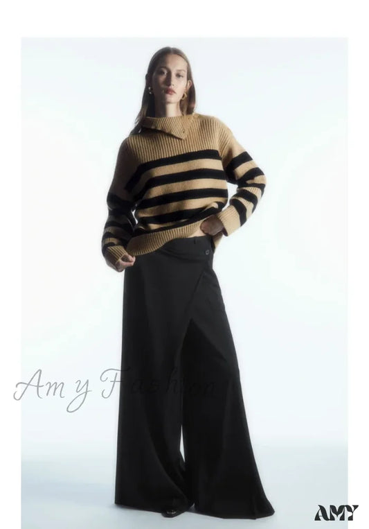 2024 Autumn New Style Standard One-Shoulder Button-Striped Casual Chic Sweater